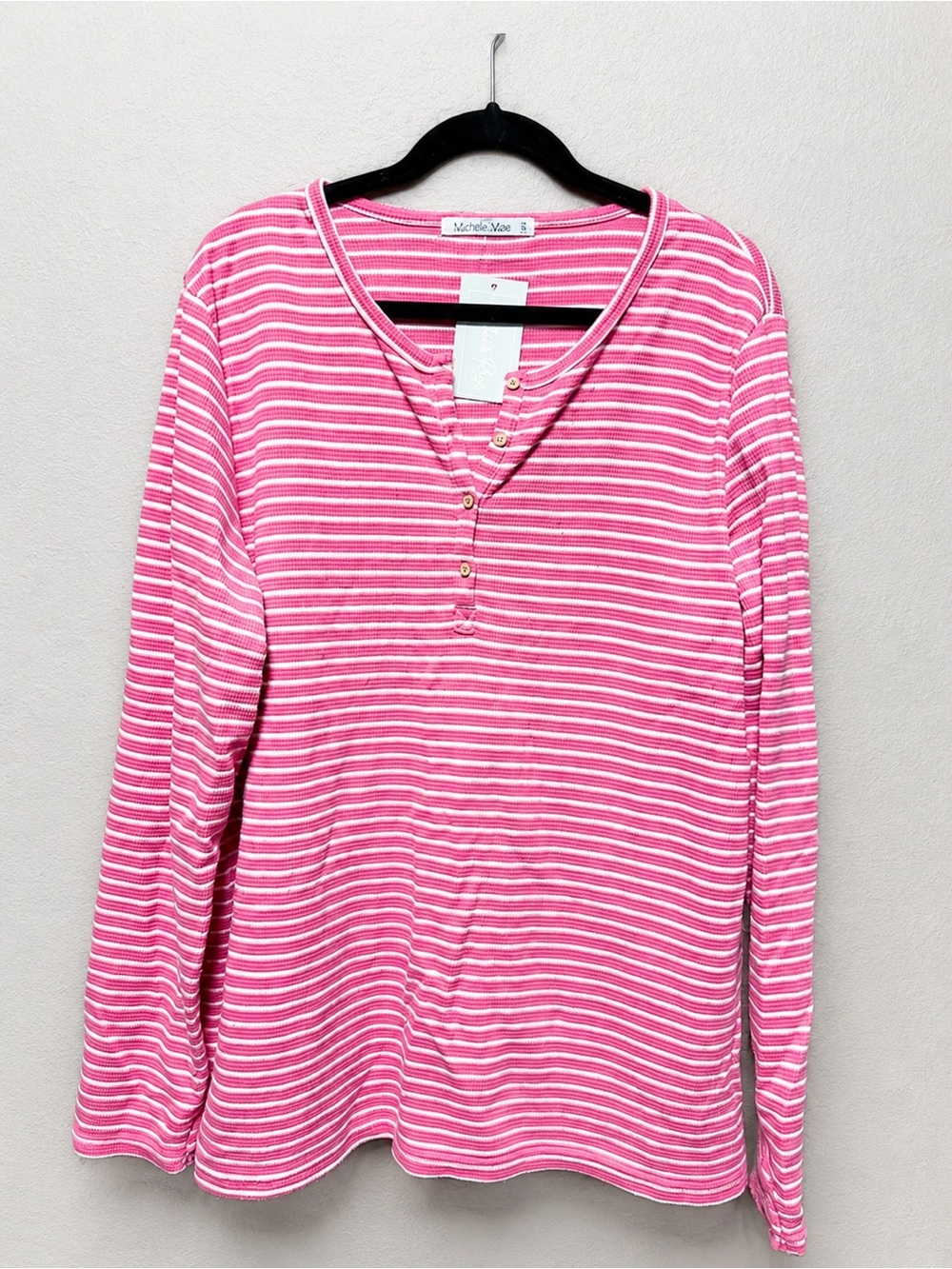 Michelle Mae Pink and White Striped Long Sleeve Henley Tee